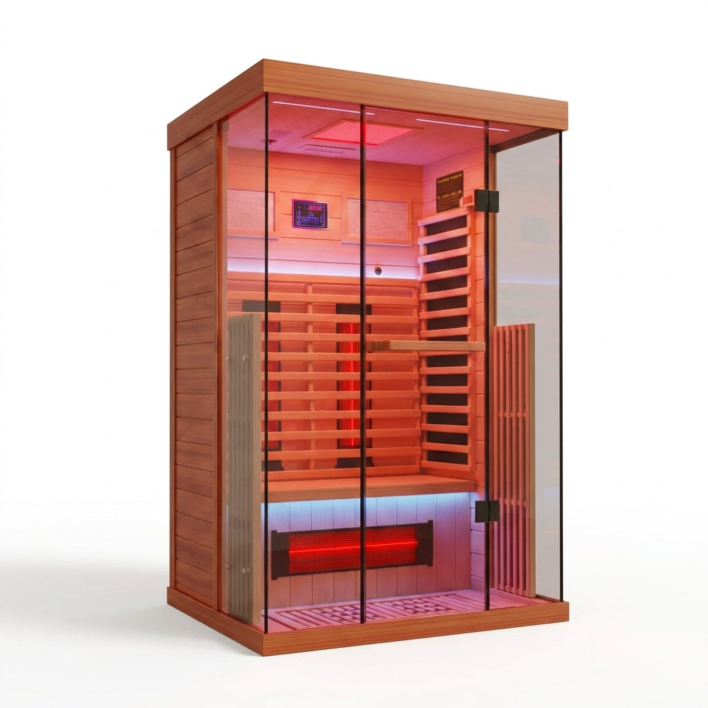 Full Spectrum Infrared Sauna，1-2 Person Home Sauna，Wooden Canadian Hemlock Indoor Spa Sauna with Resonance Speaker, Panoramic Tempered Glass Door — Studio Shot