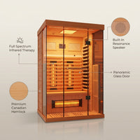 Full Spectrum Infrared Sauna，1-2 Person Home Sauna，Wooden Canadian Hemlock Indoor Spa Sauna with Resonance Speaker, Panoramic Tempered Glass Door — infographic