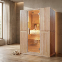 Infrared Home Sauna Room for 2 Persons Sauna Spa Room Hemlock Wood Infrared Sauna Cabin Dry Sauna with Full Spectrum Radiator, LED Light, Bluetooth, MP3, USB (2 Person Sauna Room) — Studio Shot